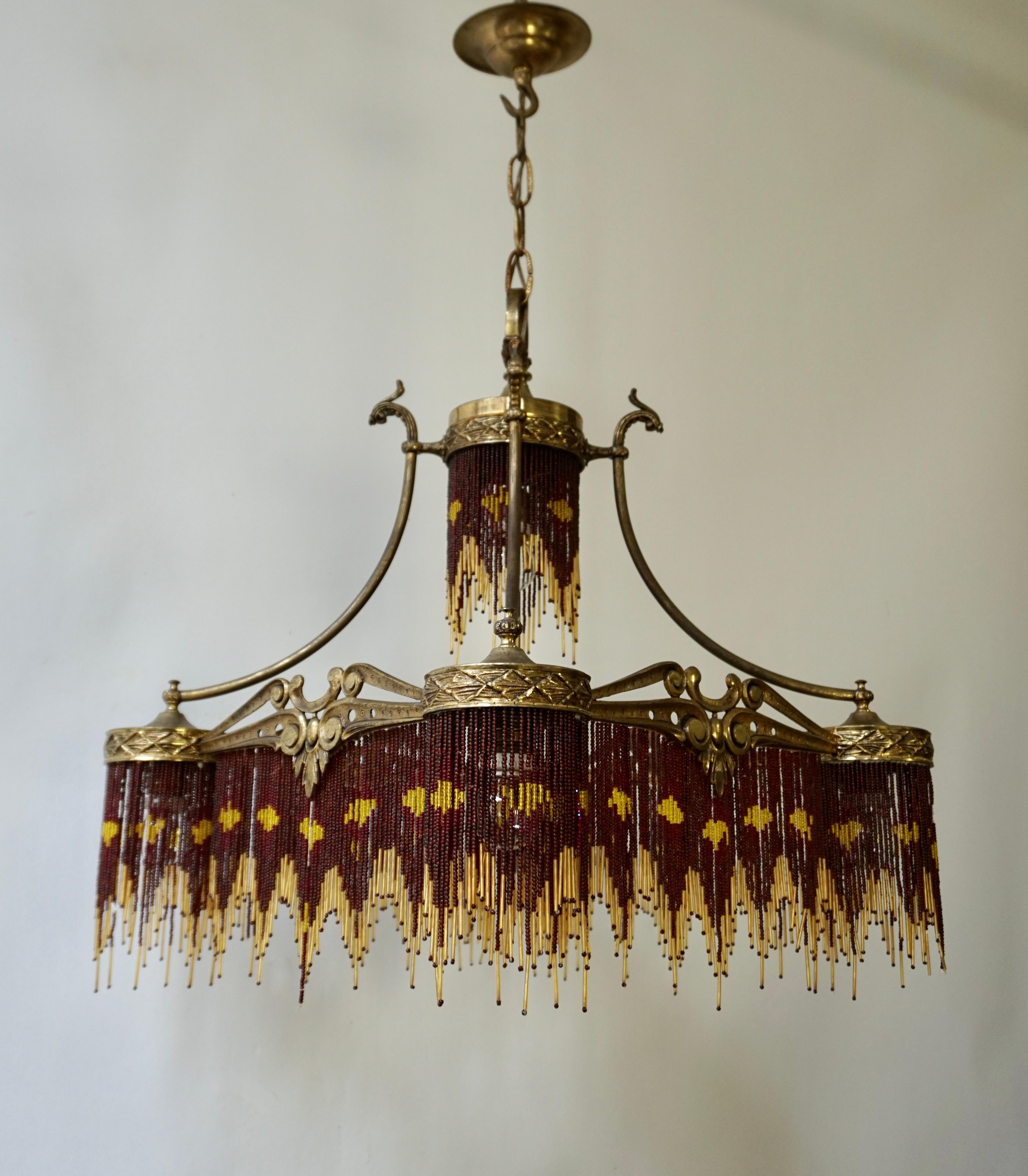 Belgian French Art Nouveau and Art Deco Amber Glass Straws Beaded Fringe Chandelier