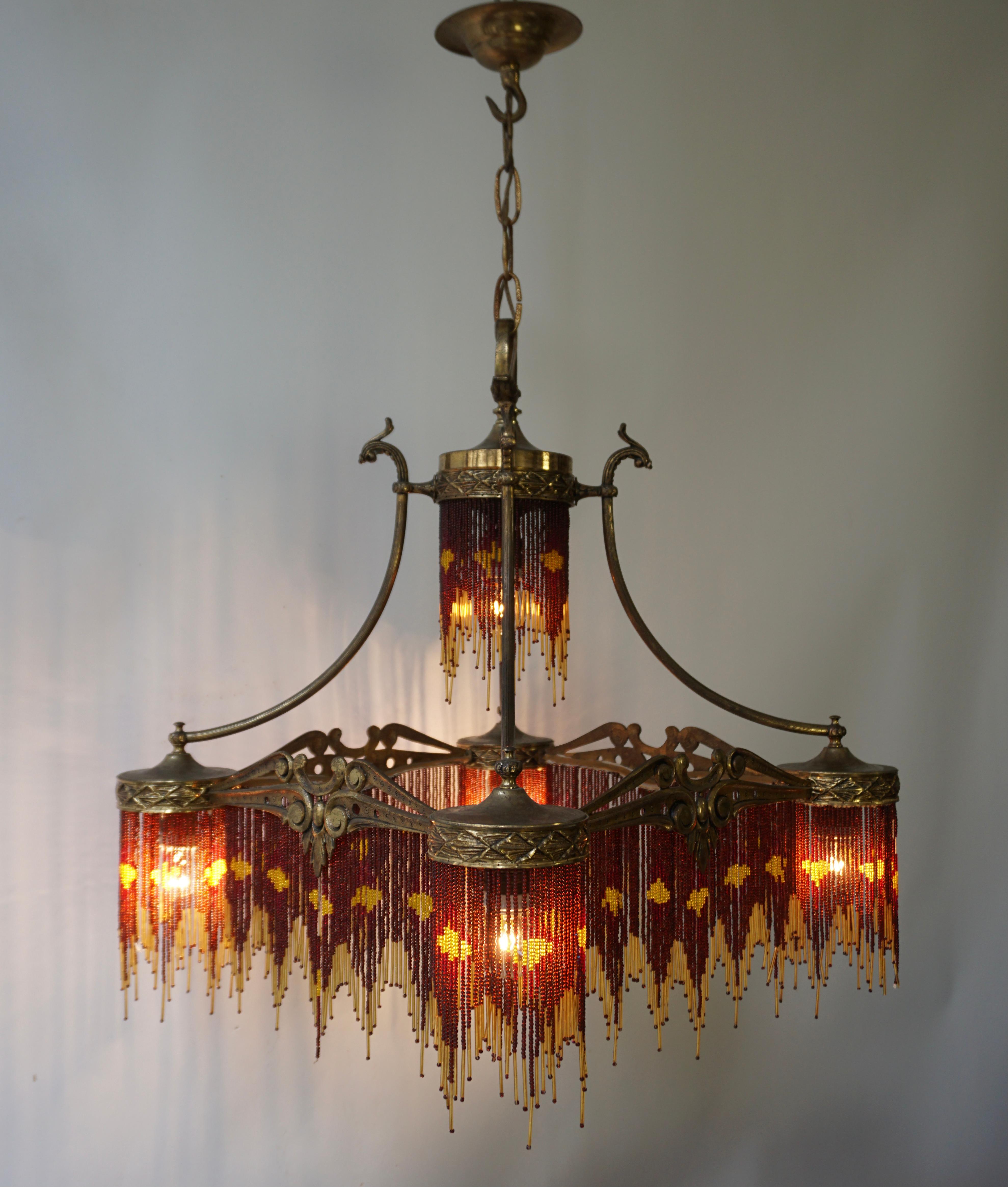 20th Century French Art Nouveau and Art Deco Amber Glass Straws Beaded Fringe Chandelier