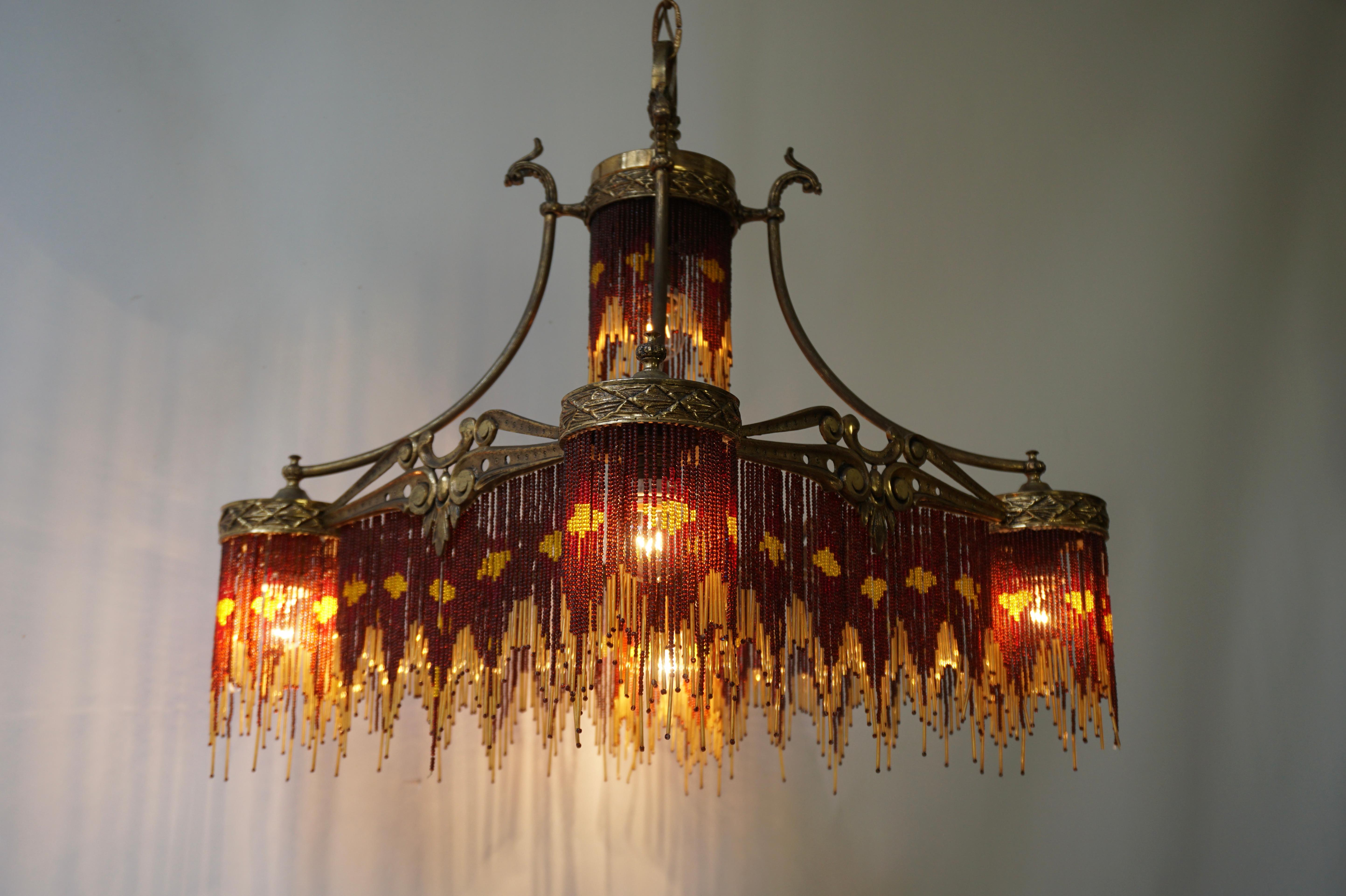 Brass French Art Nouveau and Art Deco Amber Glass Straws Beaded Fringe Chandelier
