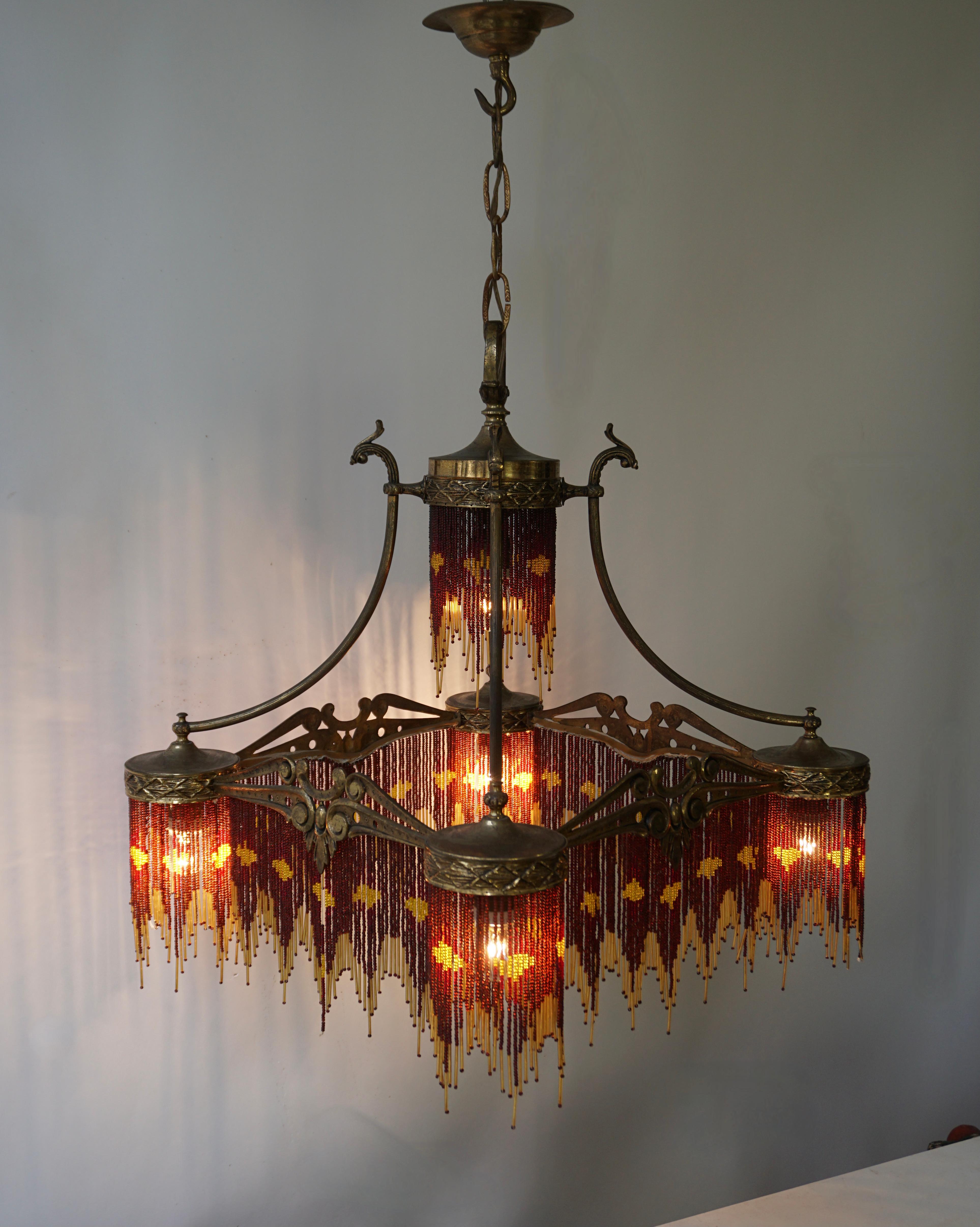 French Art Nouveau and Art Deco Amber Glass Straws Beaded Fringe Chandelier 1