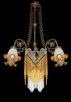 French Art Nouveau, Art Deco Amber Glass Straws Fringe Bronze & Brass Chandelier