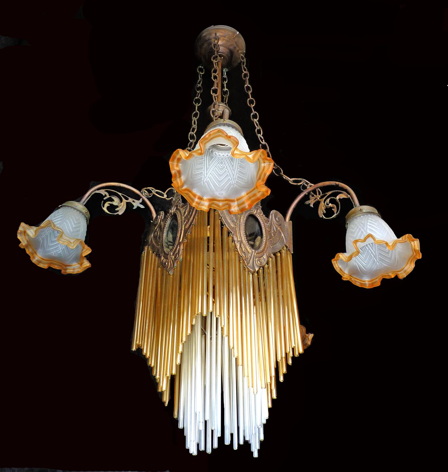 Frosted French Art Nouveau, Art Deco Amber Glass Straws Fringe Bronze & Brass Chandelier For Sale