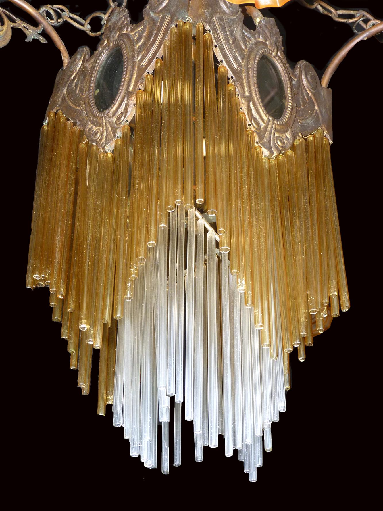 French Art Nouveau, Art Deco Amber Glass Straws Fringe Bronze & Brass Chandelier In Good Condition For Sale In Coimbra, PT