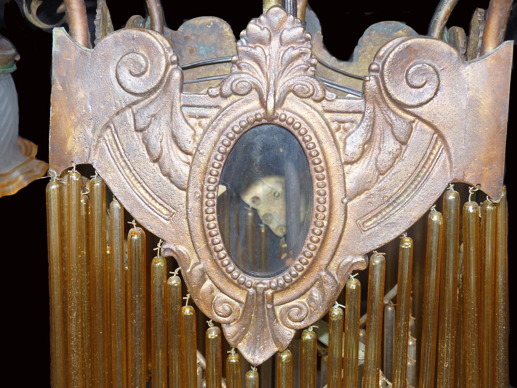 20th Century French Art Nouveau, Art Deco Amber Glass Straws Fringe Bronze & Brass Chandelier For Sale