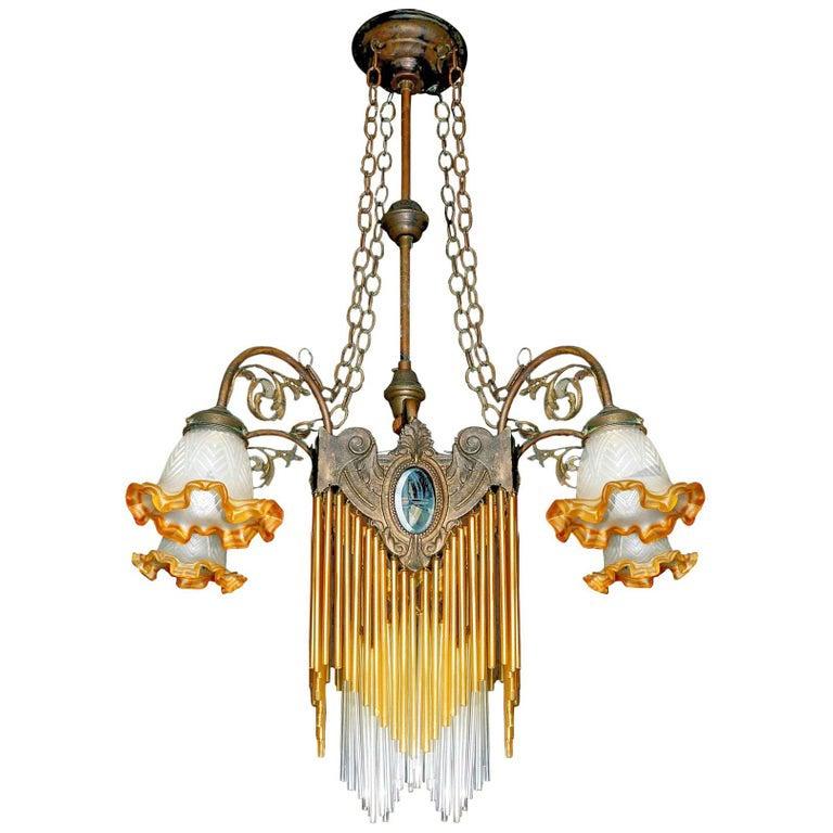 French Art Nouveau, Art Deco Amber Glass Straws Fringe Bronze & Brass Chandelier
