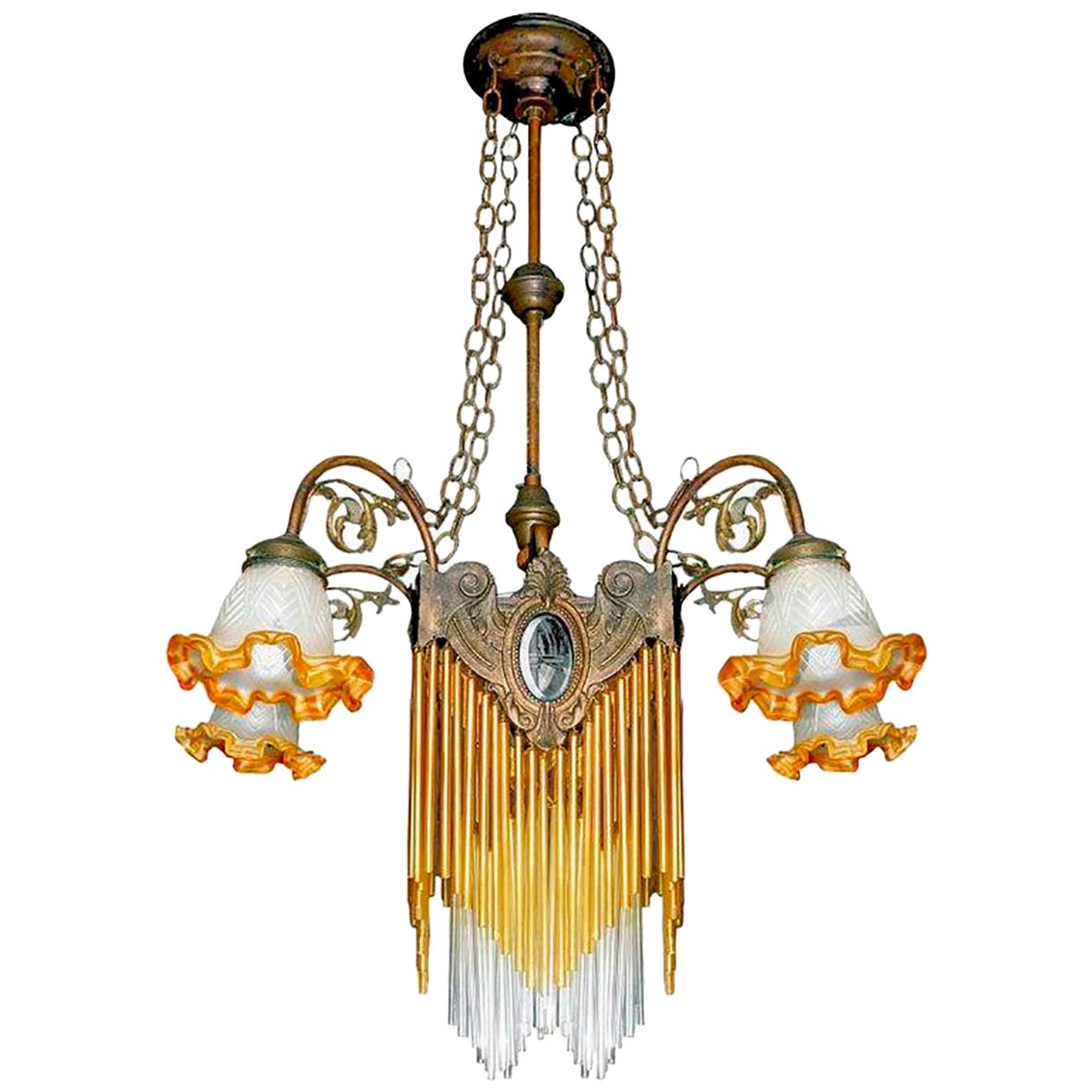 French Art Nouveau, Art Deco Amber Glass Straws Fringe Bronze & Brass Chandelier