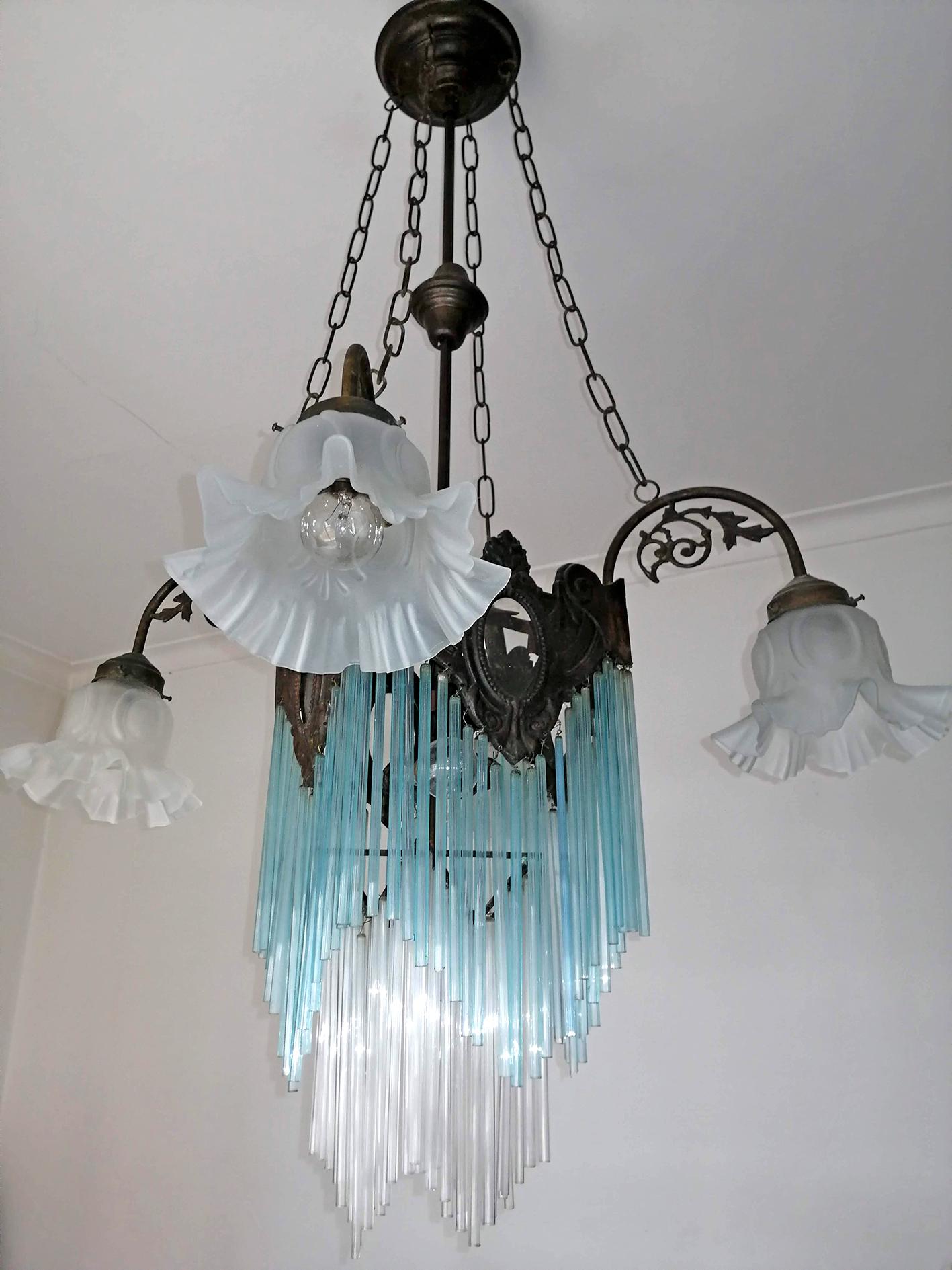 Frosted French Art Nouveau, Art Deco Blue Glass Straws Fringe and Bronze Chandelier For Sale