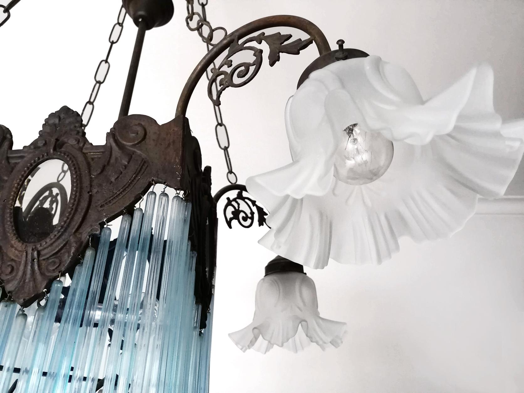 20th Century French Art Nouveau, Art Deco Blue Glass Straws Fringe and Bronze Chandelier For Sale