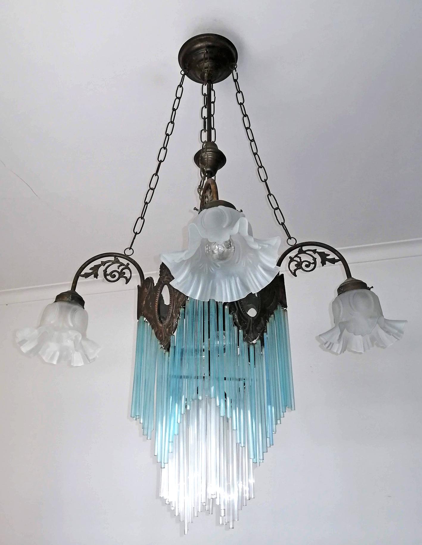 Frosted French Art Nouveau, Art Deco Blue Glass Straws Fringe and Bronze Chandelier