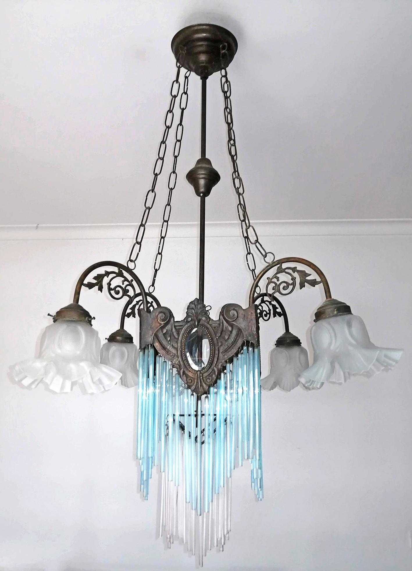 French Art Nouveau, Art Deco Blue Glass Straws Fringe and Bronze Chandelier In Good Condition In Coimbra, PT