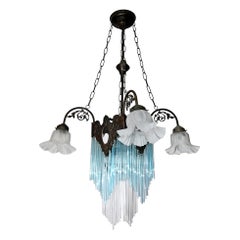 French Art Nouveau & Art Deco Blue Glass Straws Fringe Bronze Chandelier c1920