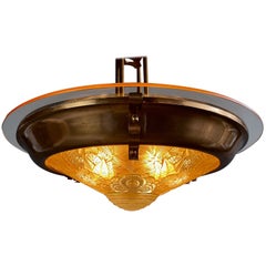 French Art Nouveau Art Deco Brass and Glass Lalique Style Chandelier