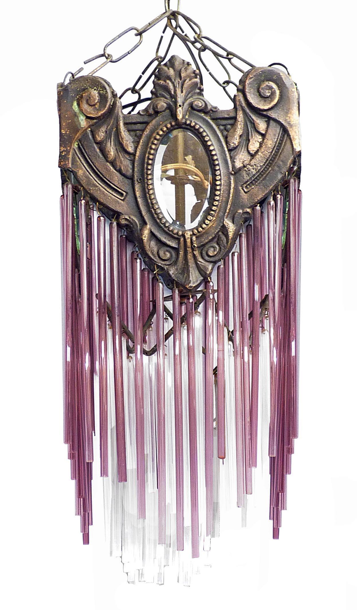 Cast French Art Nouveau & Art Deco Bronze Purple Pink Glass Fringe Chandelier Lantern For Sale