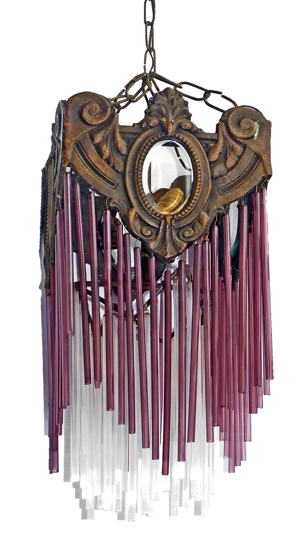 French Art Nouveau & Art Deco Bronze Purple Pink Glass Fringe Chandelier Lantern In Good Condition For Sale In Coimbra, PT