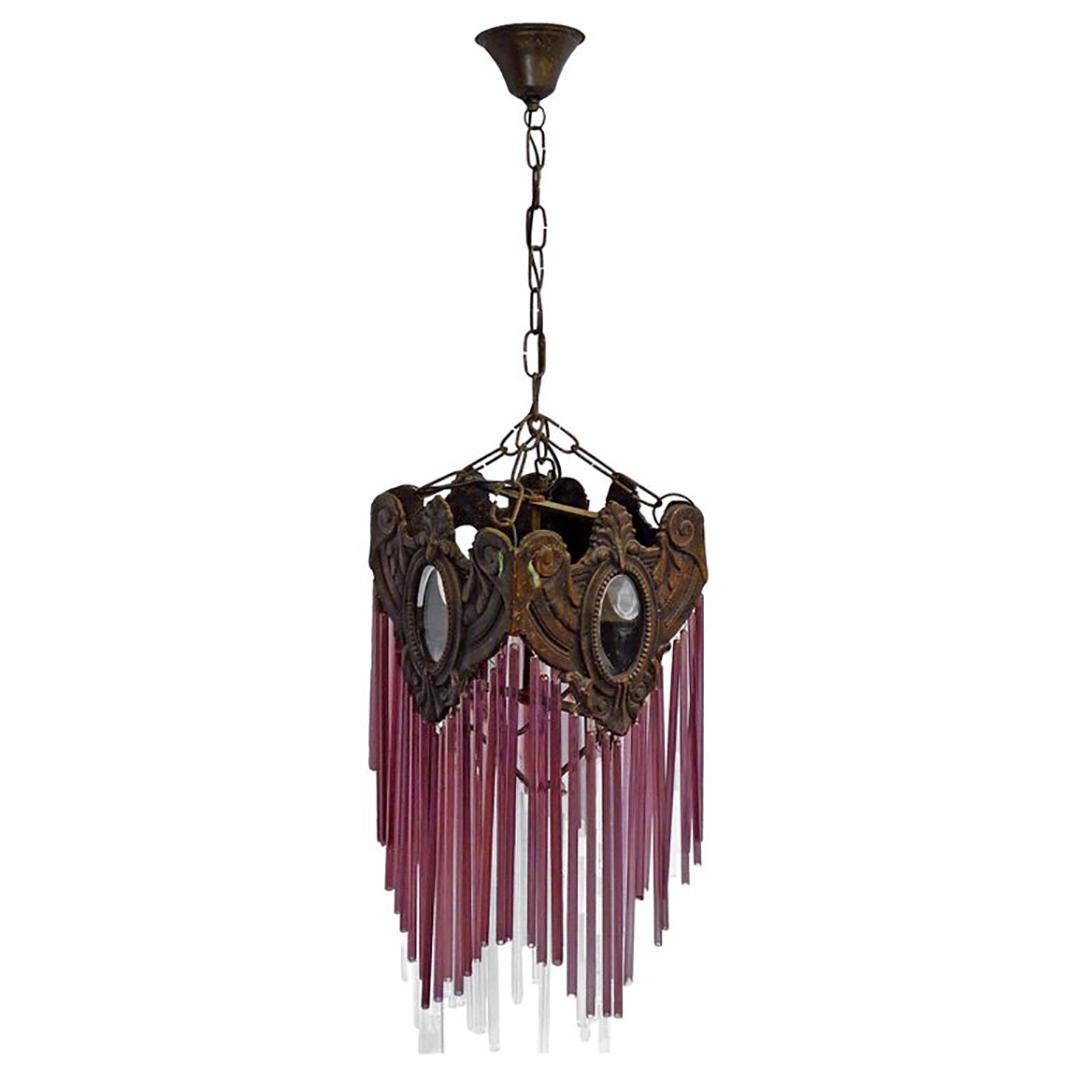20th Century French Art Nouveau & Art Deco Bronze Purple Pink Glass Fringe Chandelier Lantern For Sale