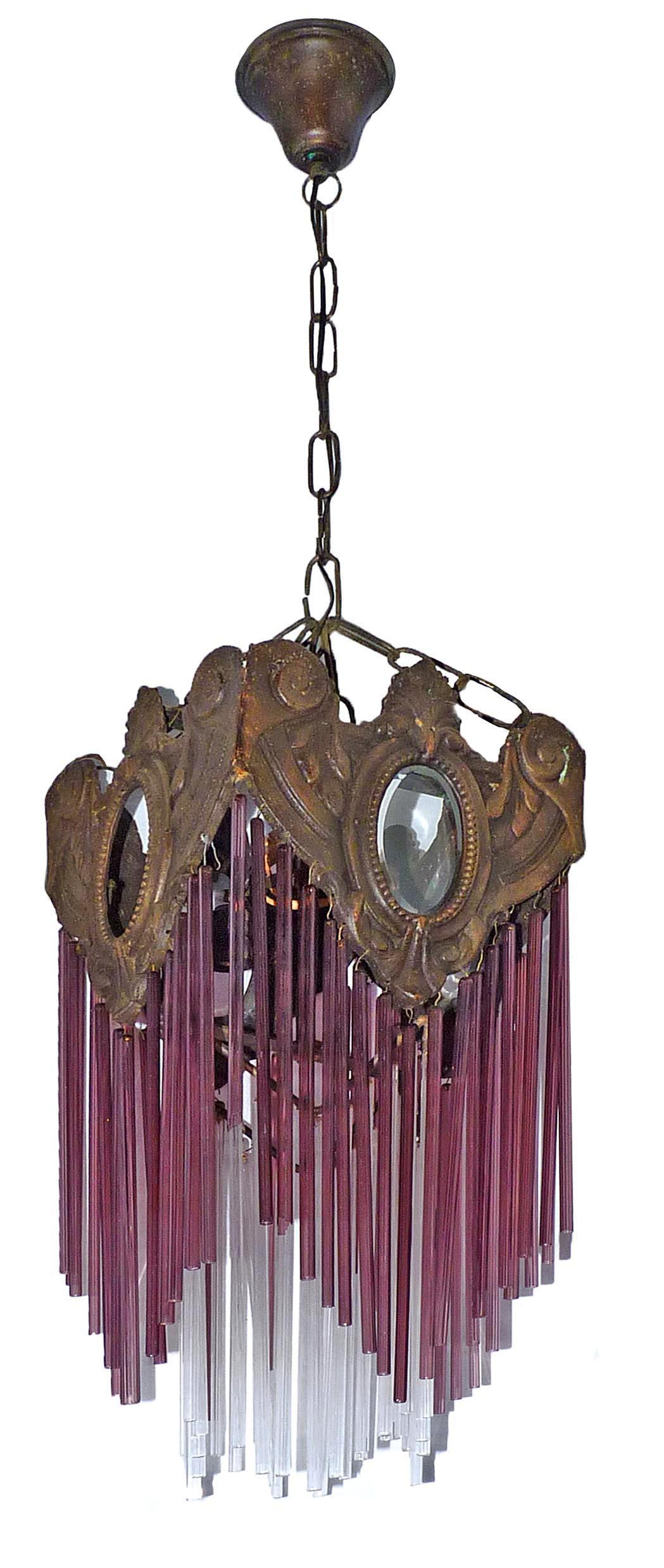 French Art Nouveau & Art Deco Bronze Purple Pink Glass Fringe Chandelier Lantern For Sale 1