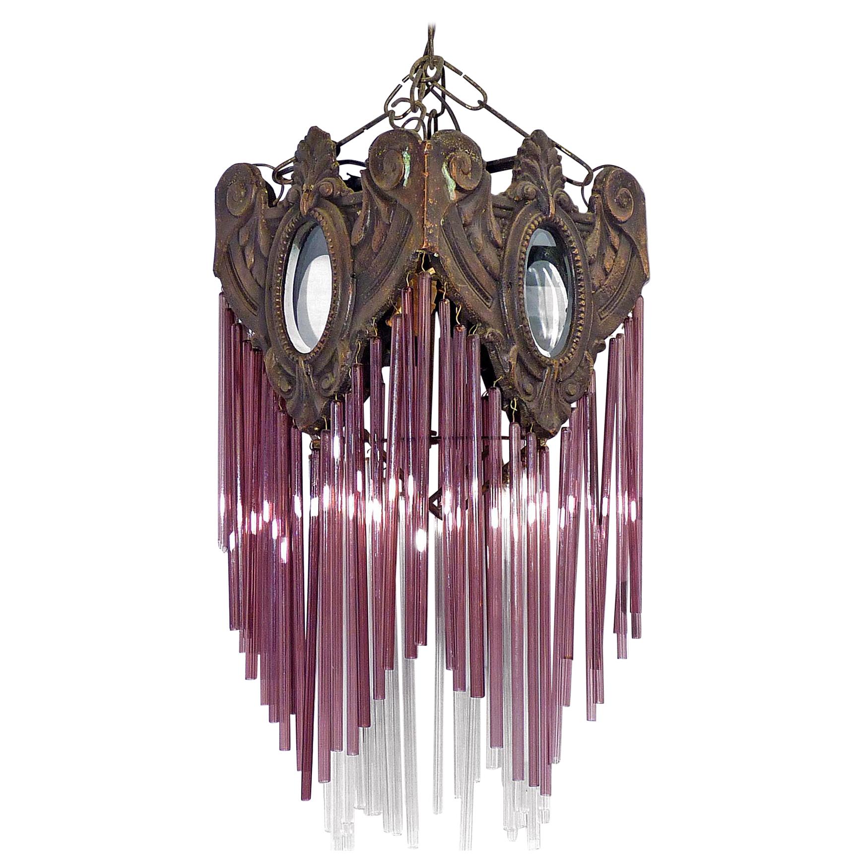 French Art Nouveau & Art Deco Bronze Purple Pink Glass Fringe Chandelier Lantern For Sale