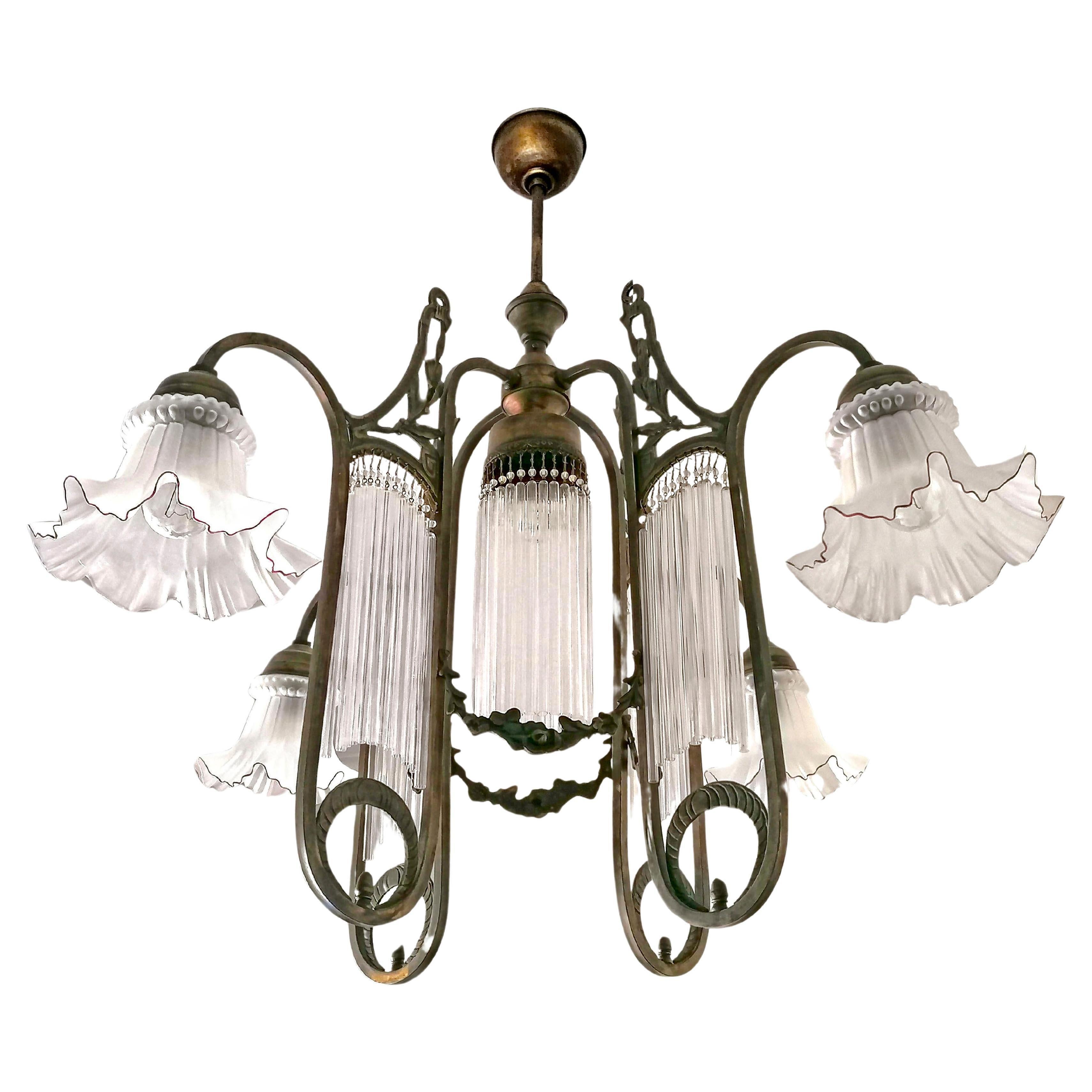 Burnished French Art Nouveau Art Deco Chandelier w Garlands and Beaded Glass Straw Fringes For Sale