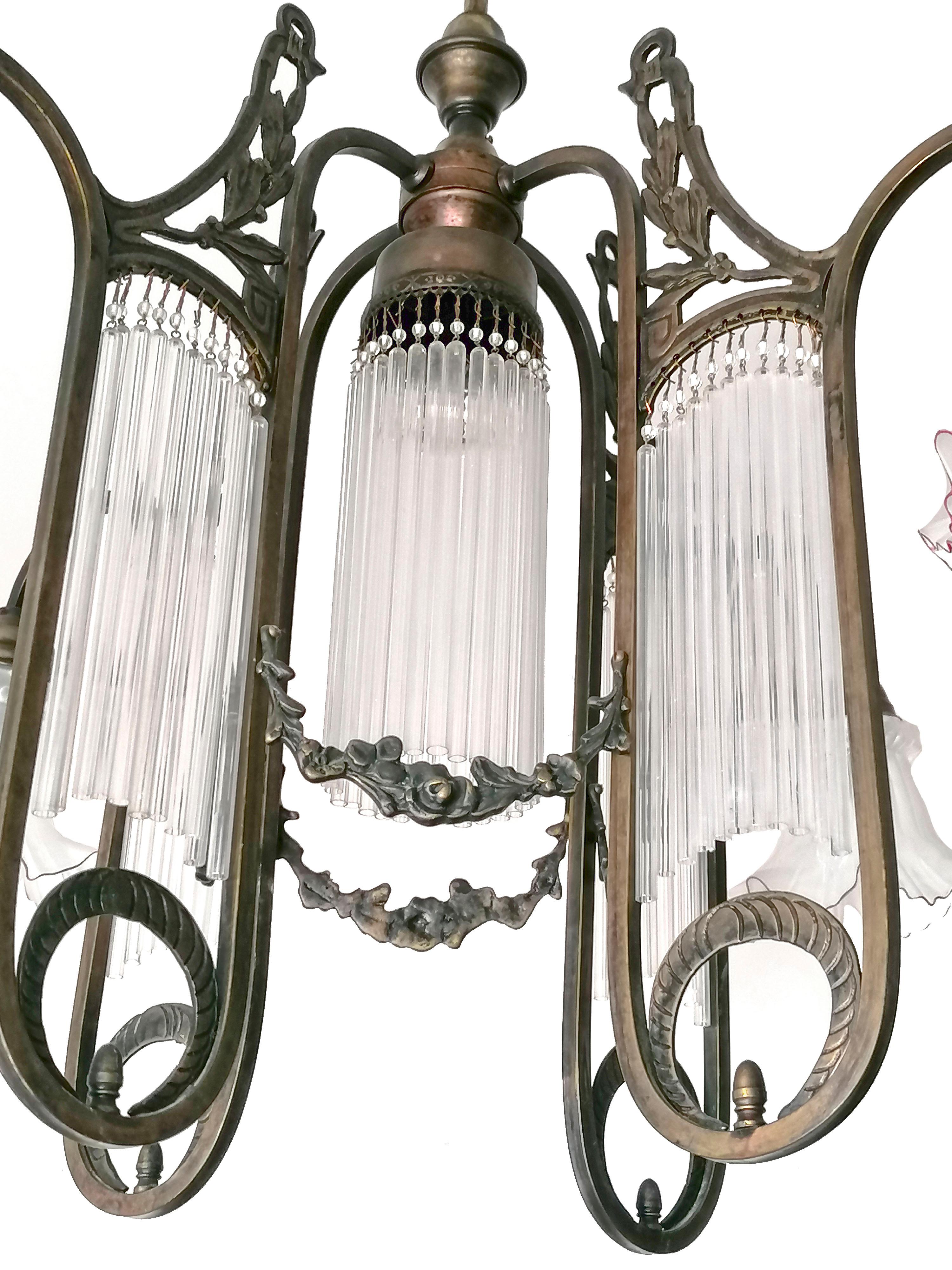 French Art Nouveau Art Deco Chandelier w Garlands and Beaded Glass Straw Fringes For Sale 3
