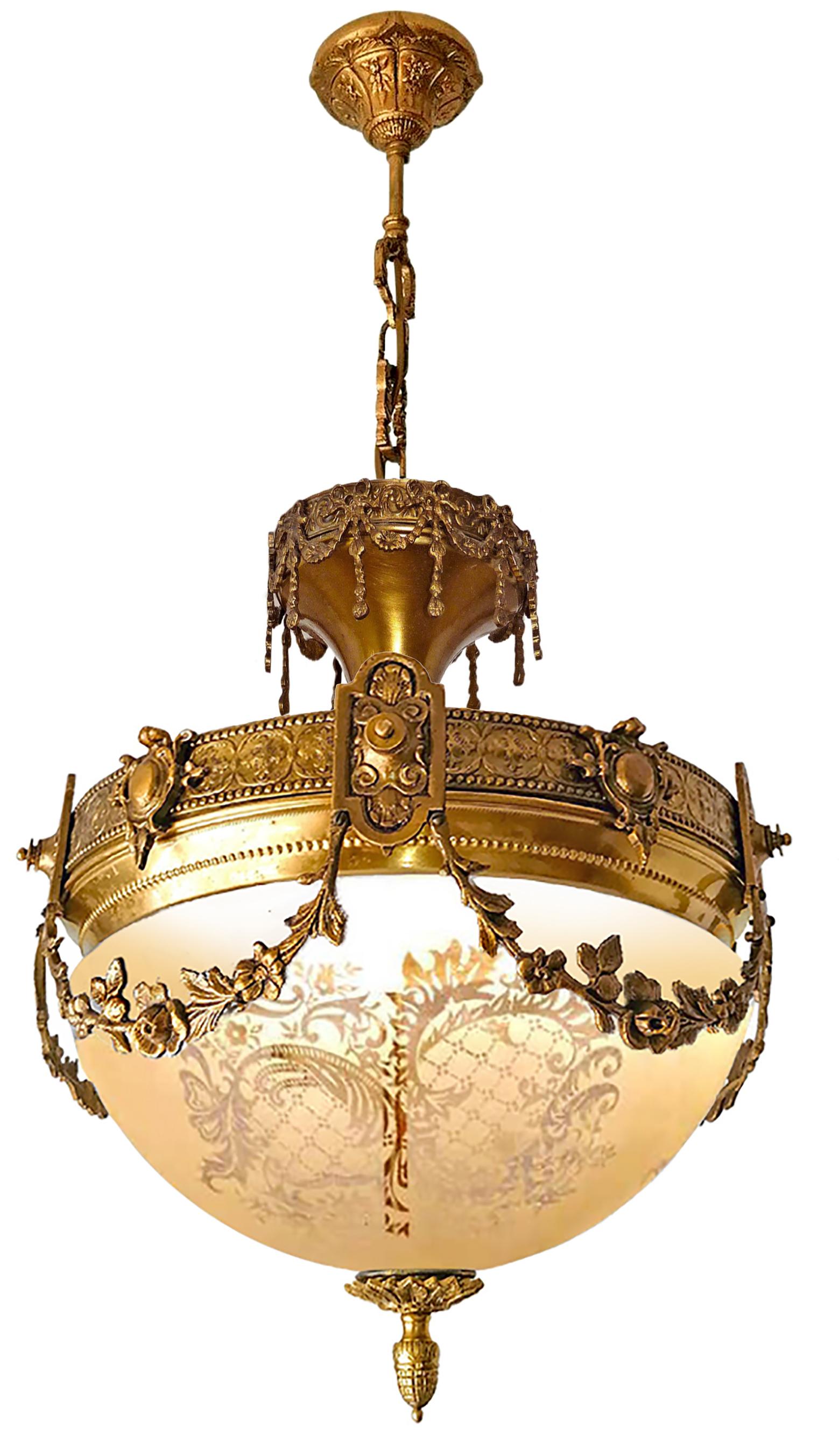20th Century French Art Nouveau & Art Deco Chandelier, Gilt Bronze & Etched Glass Early 20th
