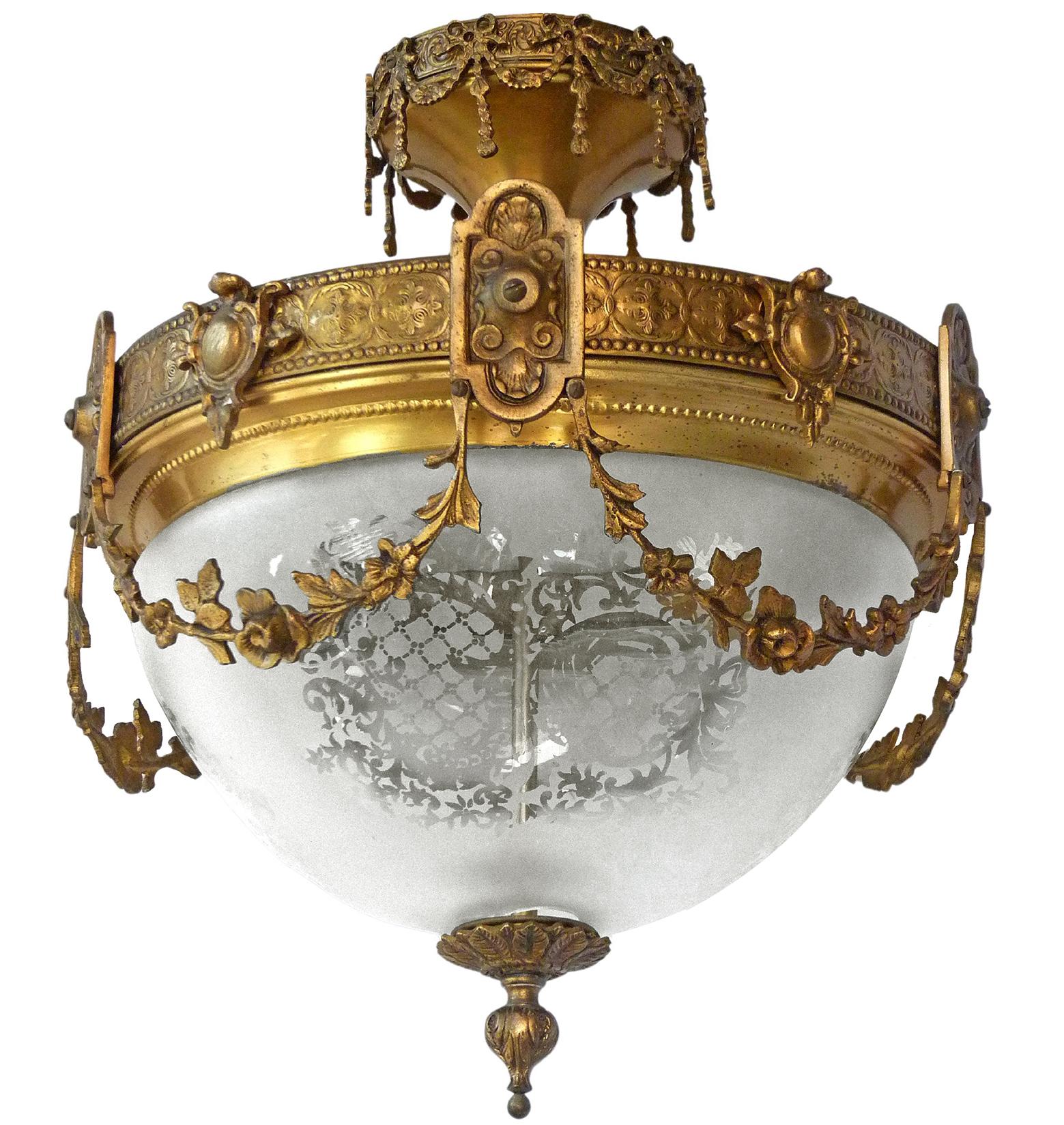 Brass French Art Nouveau & Art Deco Chandelier, Gilt Bronze & Etched Glass Early 20th