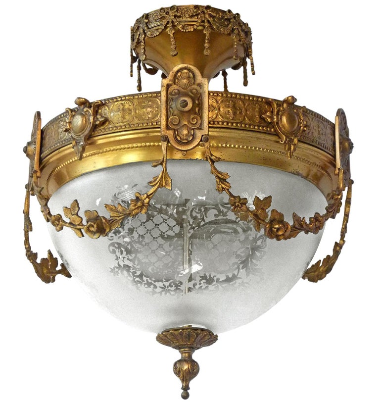 Brass French Art Nouveau & Art Deco Chandelier,Gilt Bronze & Etched Glass Early 20th C For Sale