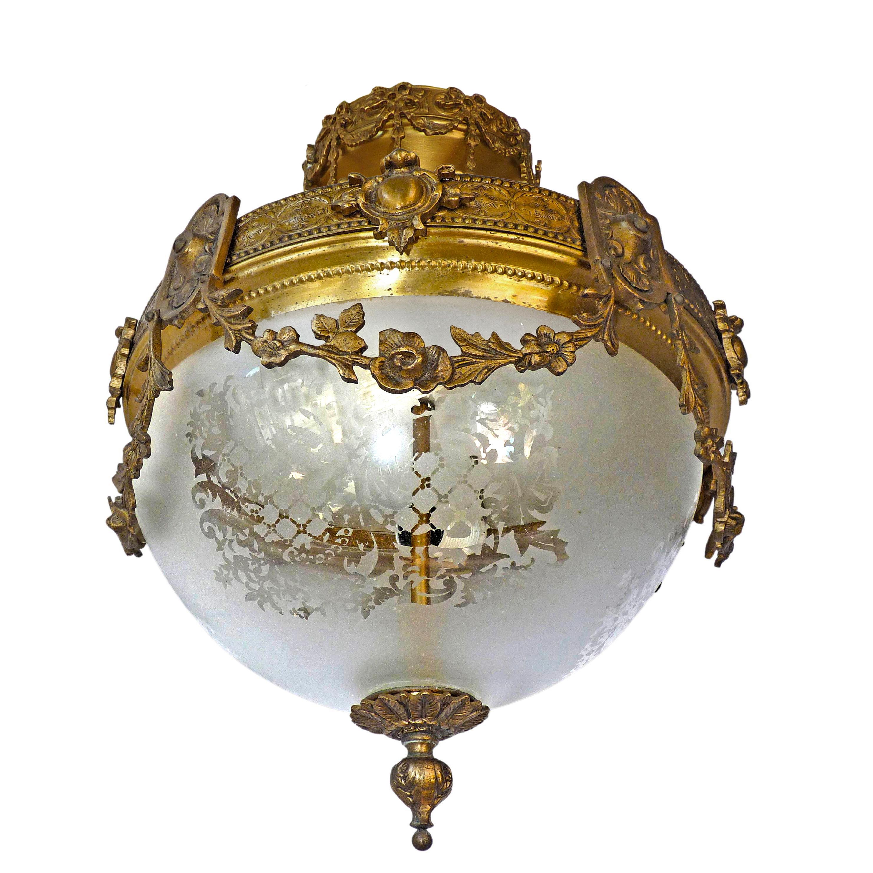 French Art Nouveau & Art Deco Chandelier, Gilt Bronze & Etched Glass Early 20th 2
