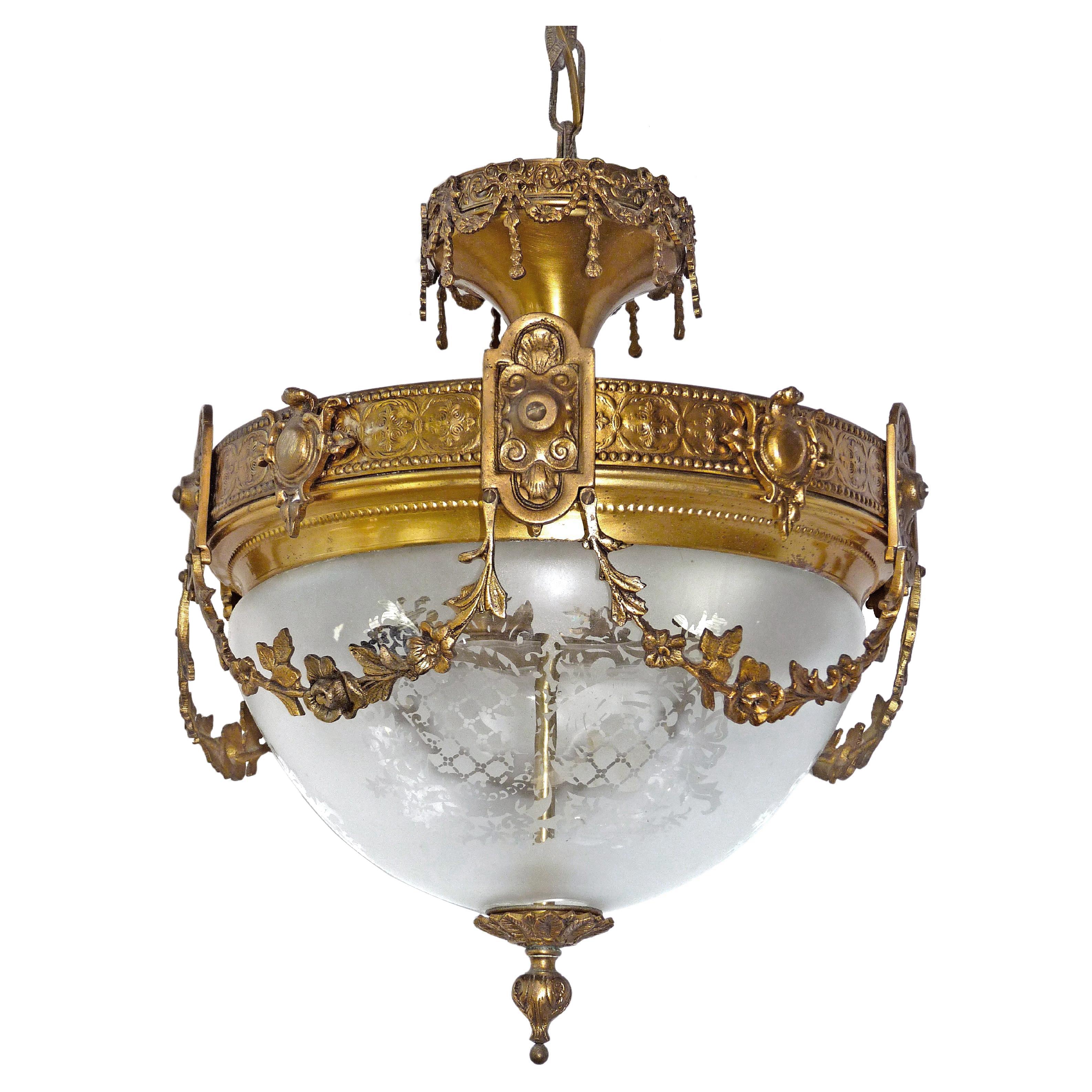 French Art Nouveau & Art Deco Chandelier, Gilt Bronze & Etched Glass Early 20th 3