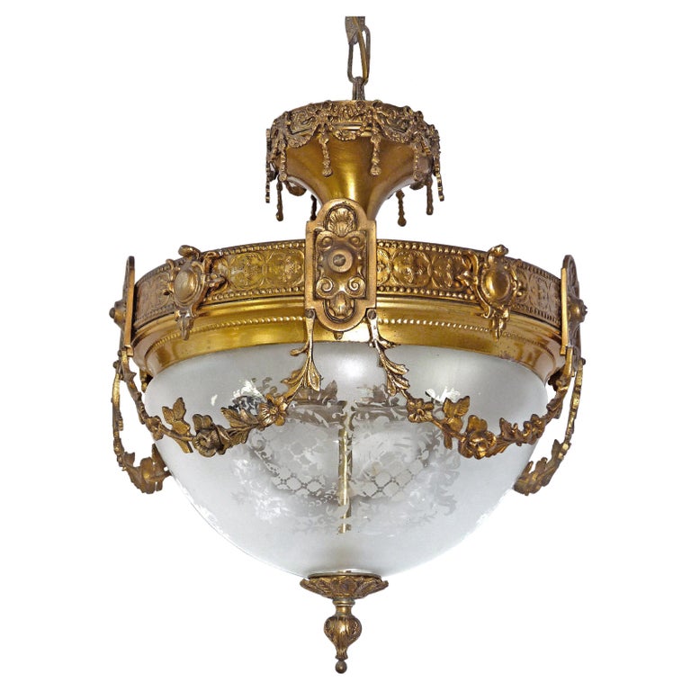 French Art Nouveau & Art Deco Chandelier,Gilt Bronze & Etched Glass Early 20th C For Sale 3