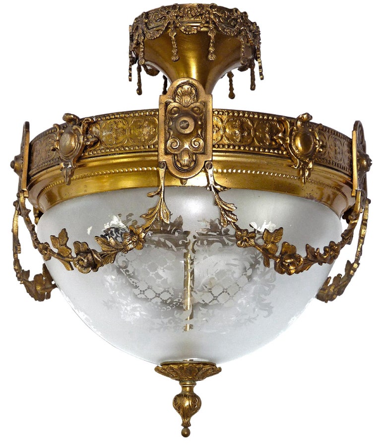 French Art Nouveau & Art Deco Chandelier,Gilt Bronze & Etched Glass Early 20th C For Sale 4