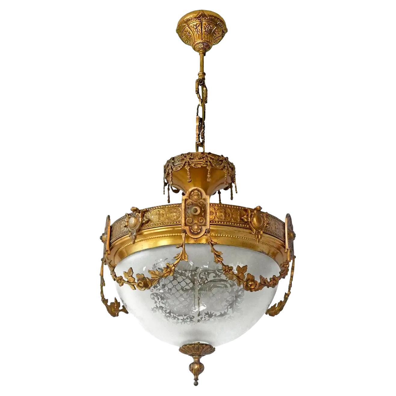 French Art Nouveau & Art Deco Chandelier, Gilt Bronze & Etched Glass Early 20th