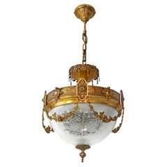 French Art Nouveau & Art Deco Chandelier, Gilt Bronze & Etched Glass Early 20th