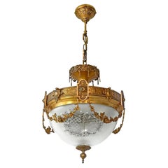 French Art Nouveau & Art Deco Chandelier, Gilt Bronze & Etched Glass Early 20th