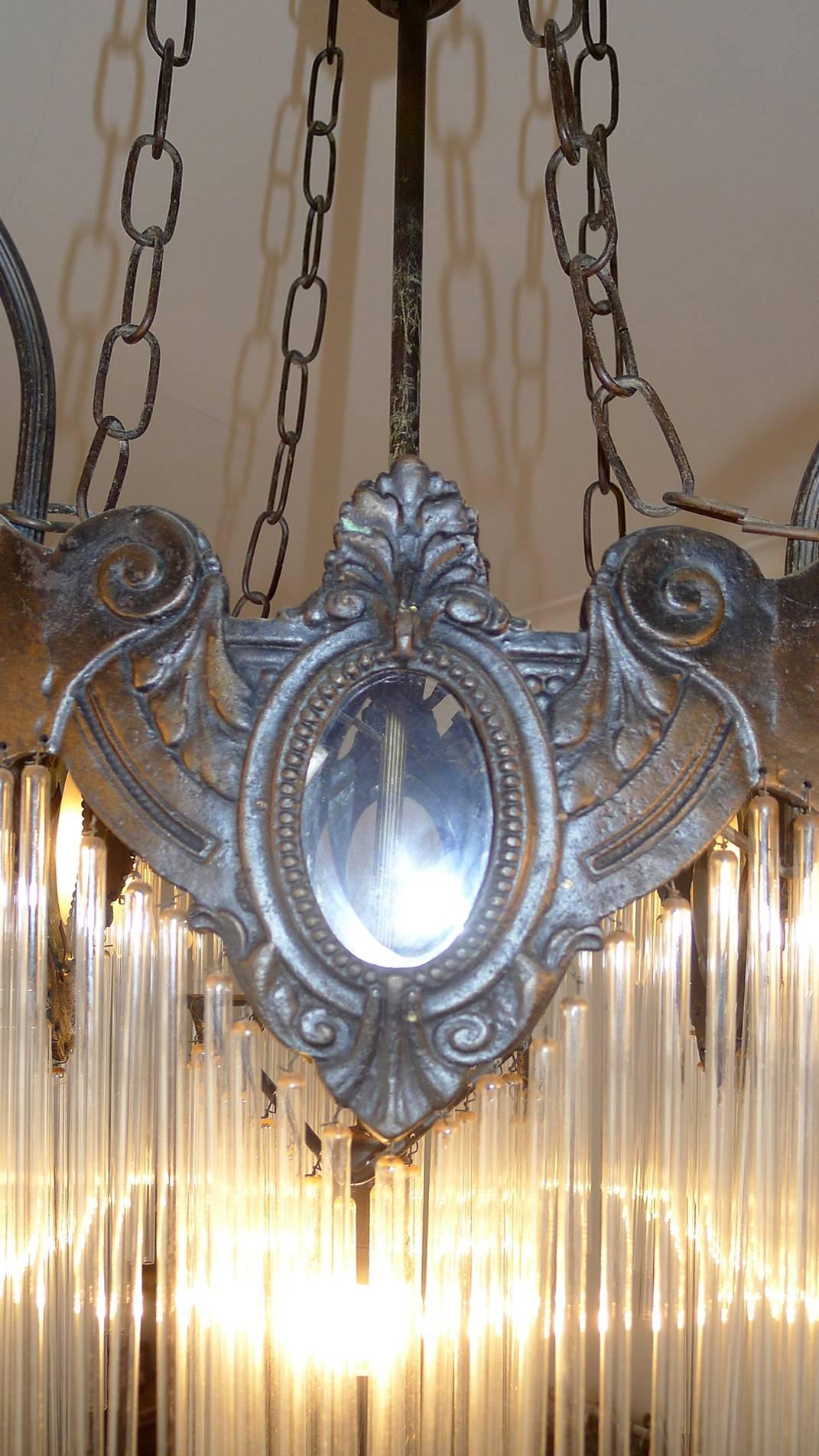 French Art Nouveau & Art Deco Clear Glass Straws Fringe Bronze Chandelier 6