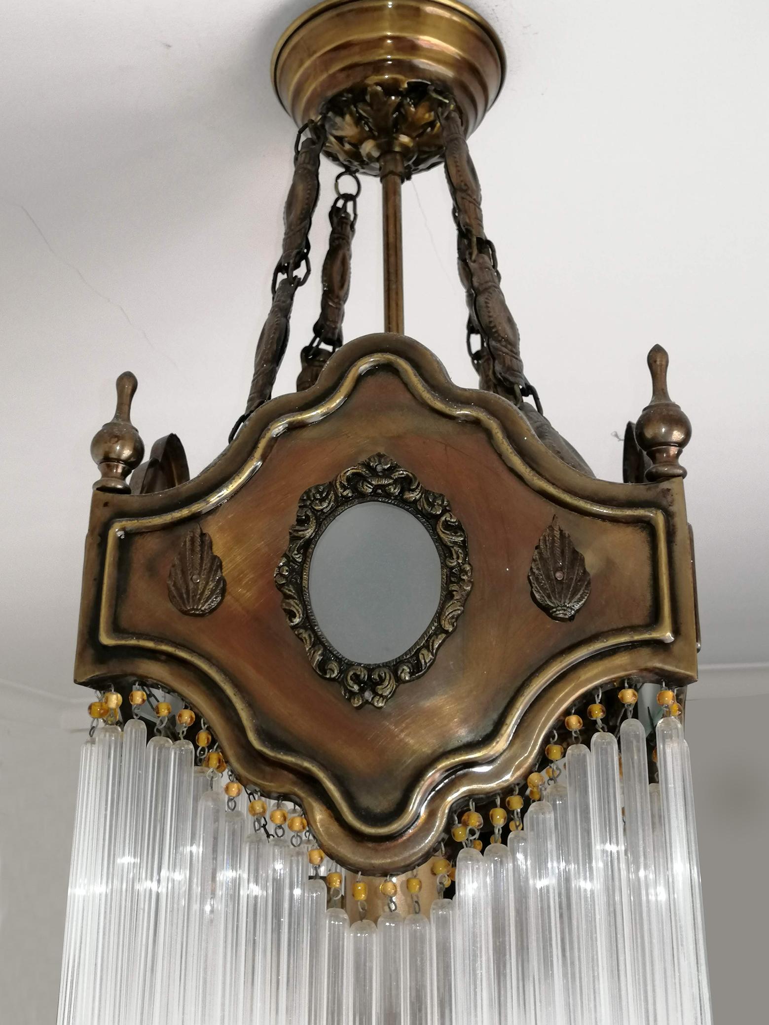 20th Century French Art Nouveau Art Deco Gilded Amber Beaded Glass Fringe Chandelier, Lantern For Sale