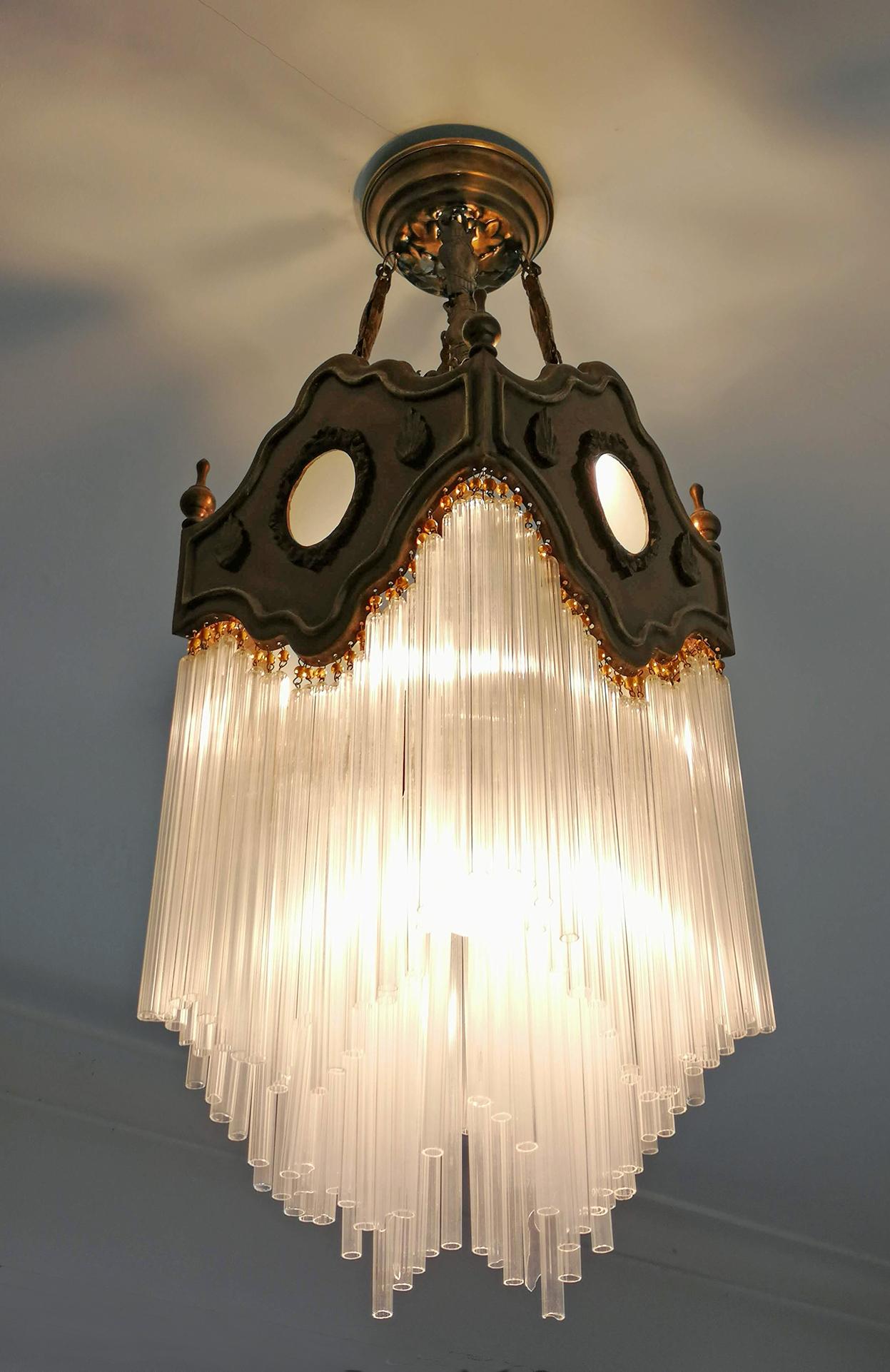 French Art Nouveau Art Deco Gilded Amber Beaded Glass Fringe Chandelier, Lantern For Sale 1