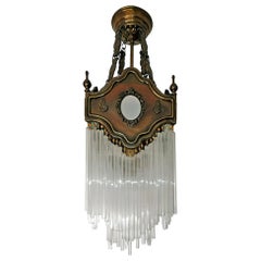 French Art Nouveau Art Deco Gilded Amber Beaded Glass Fringe Chandelier, Lantern