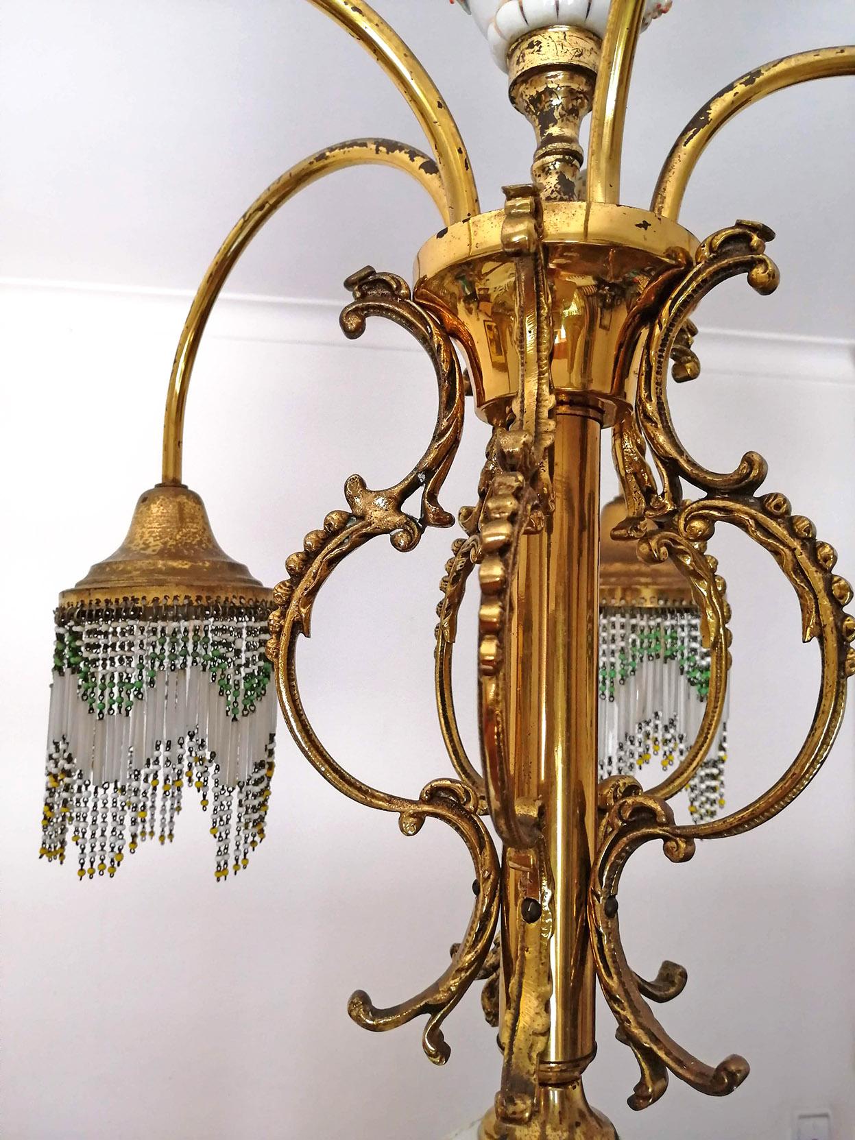 French Art Nouveau Art Deco Gilt Brass Bronze Porcelain Beaded Fringe Chandelier For Sale 5