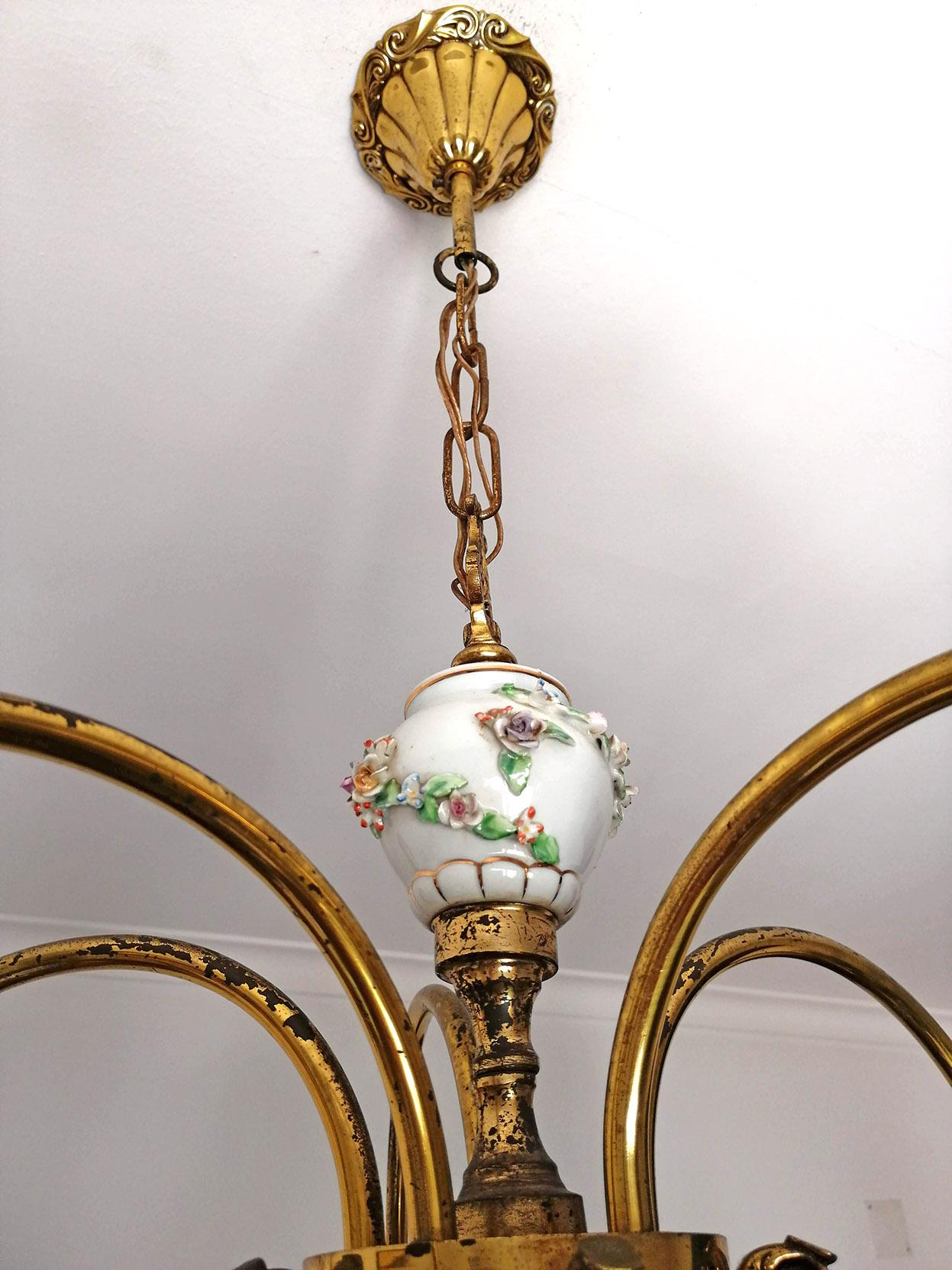 French Art Nouveau Art Deco Gilt Brass Bronze Porcelain Beaded Fringe Chandelier 6