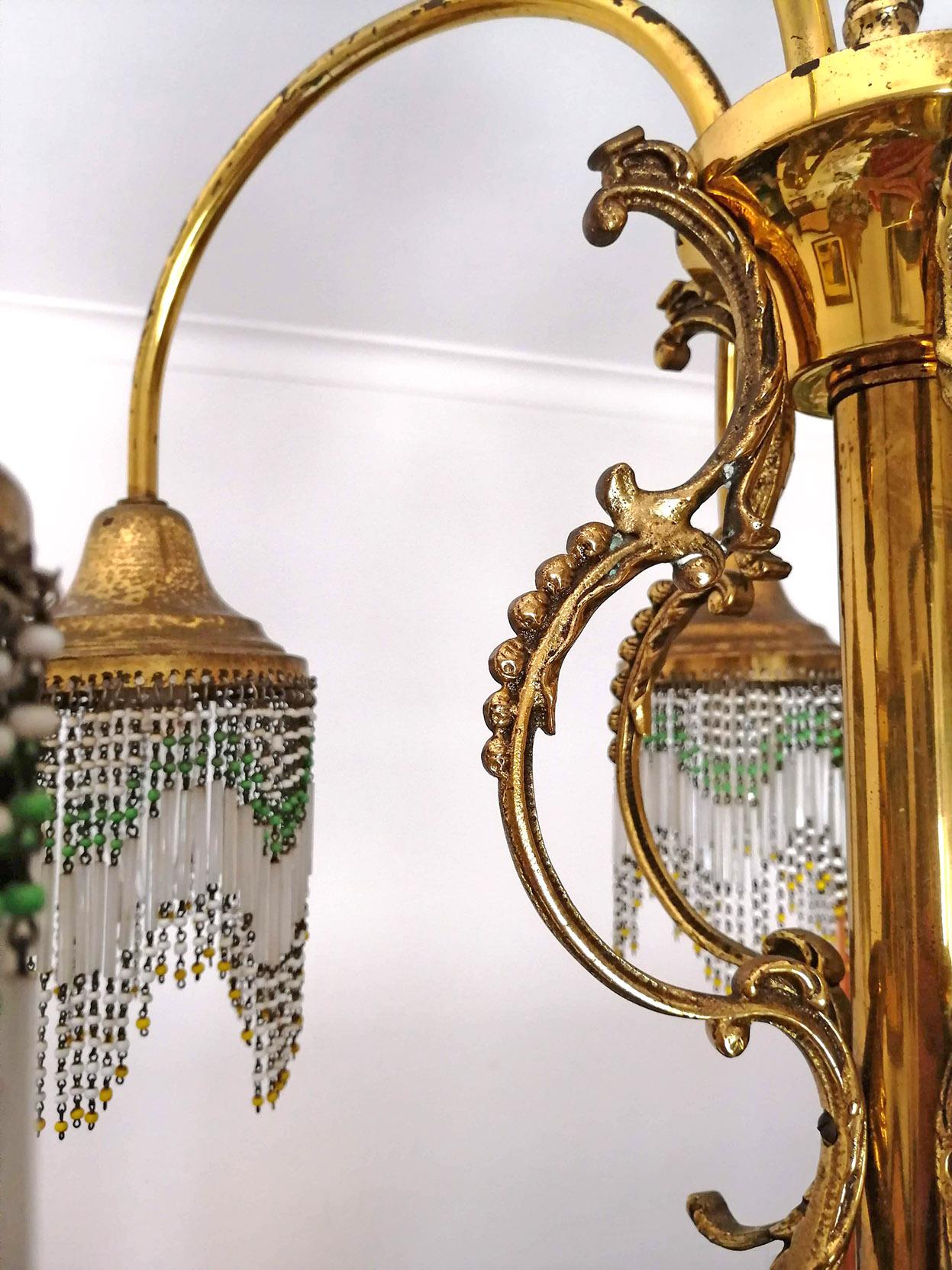 French Art Nouveau Art Deco Gilt Brass Bronze Porcelain Beaded Fringe Chandelier For Sale 7