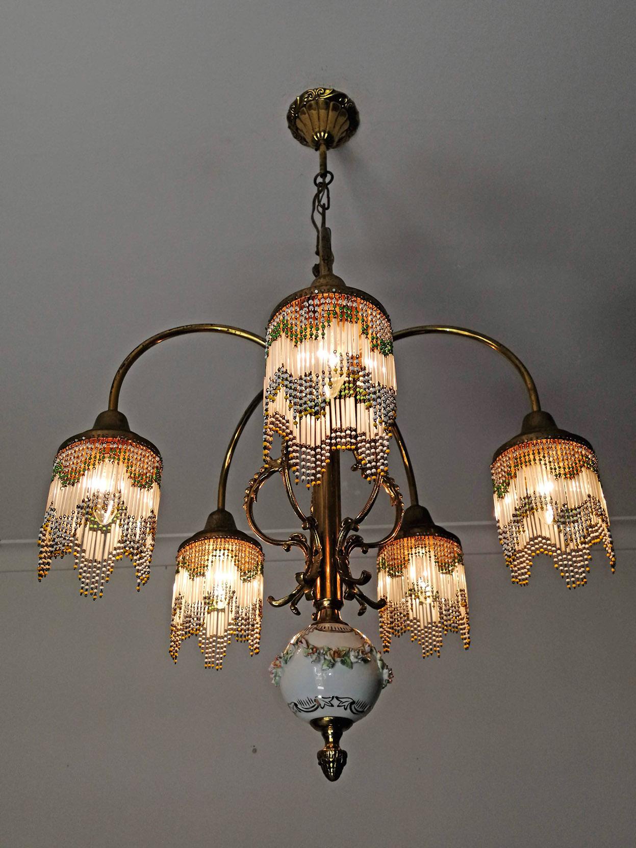 French Art Nouveau Art Deco Gilt Brass Bronze Porcelain Beaded Fringe Chandelier 9