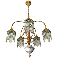 French Art Nouveau Art Deco Gilt Brass Bronze Porcelain Beaded Fringe Chandelier