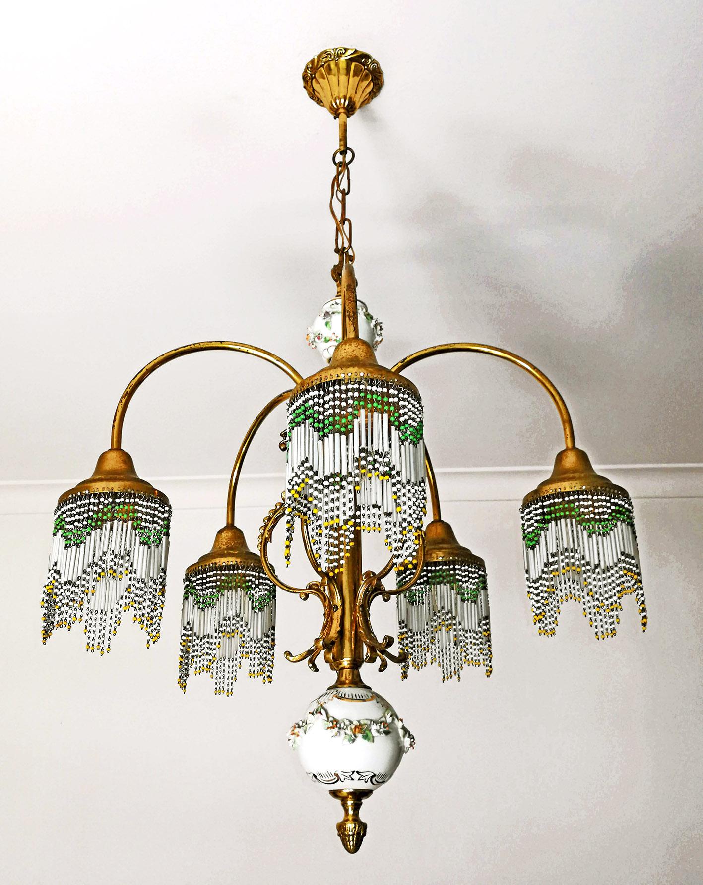 Appliqué French Art Nouveau Art Deco Gilt Brass Bronze Porcelain Beaded Fringe Chandelier For Sale