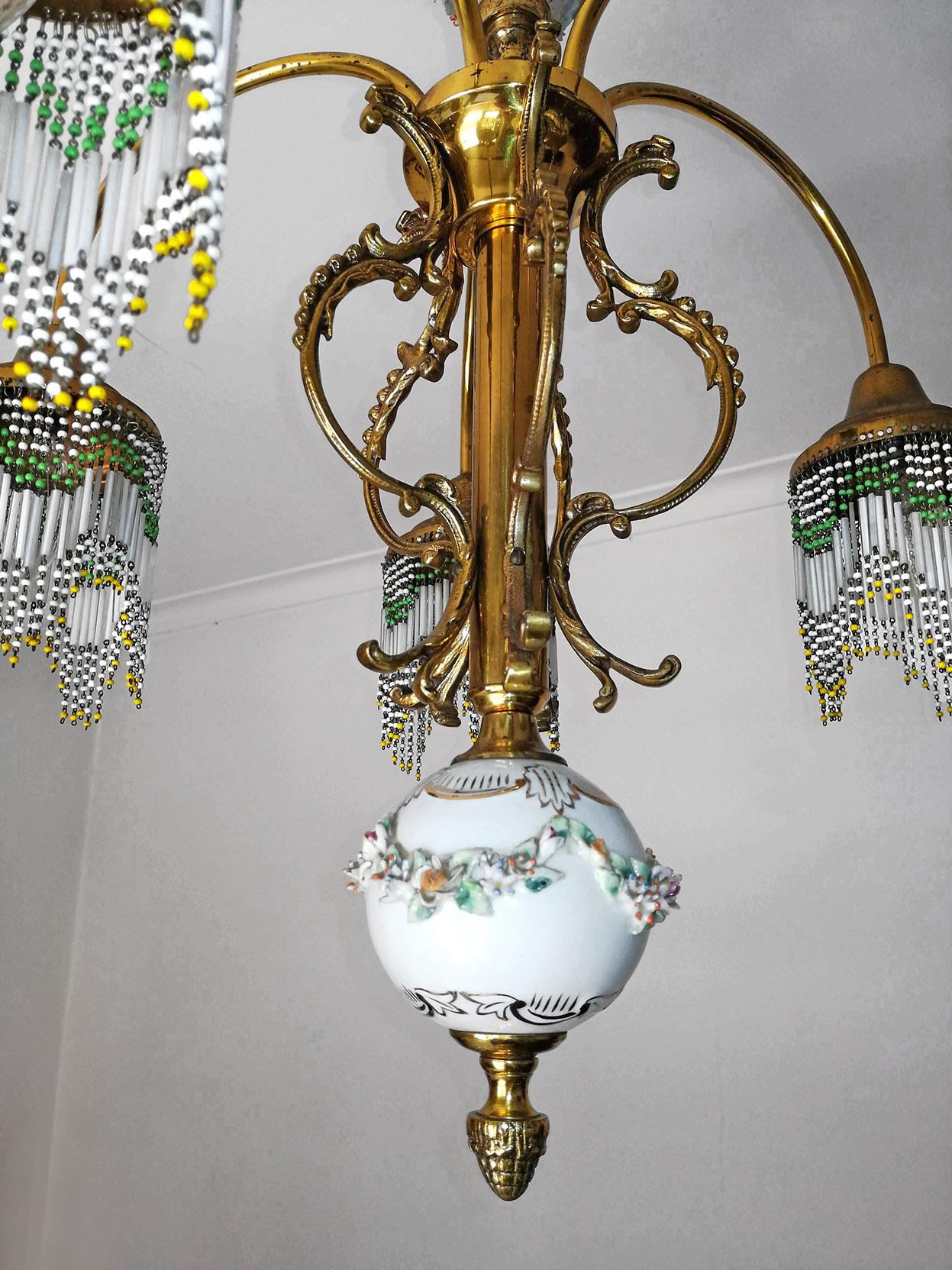 French Art Nouveau Art Deco Gilt Brass Bronze Porcelain Beaded Fringe Chandelier For Sale 1