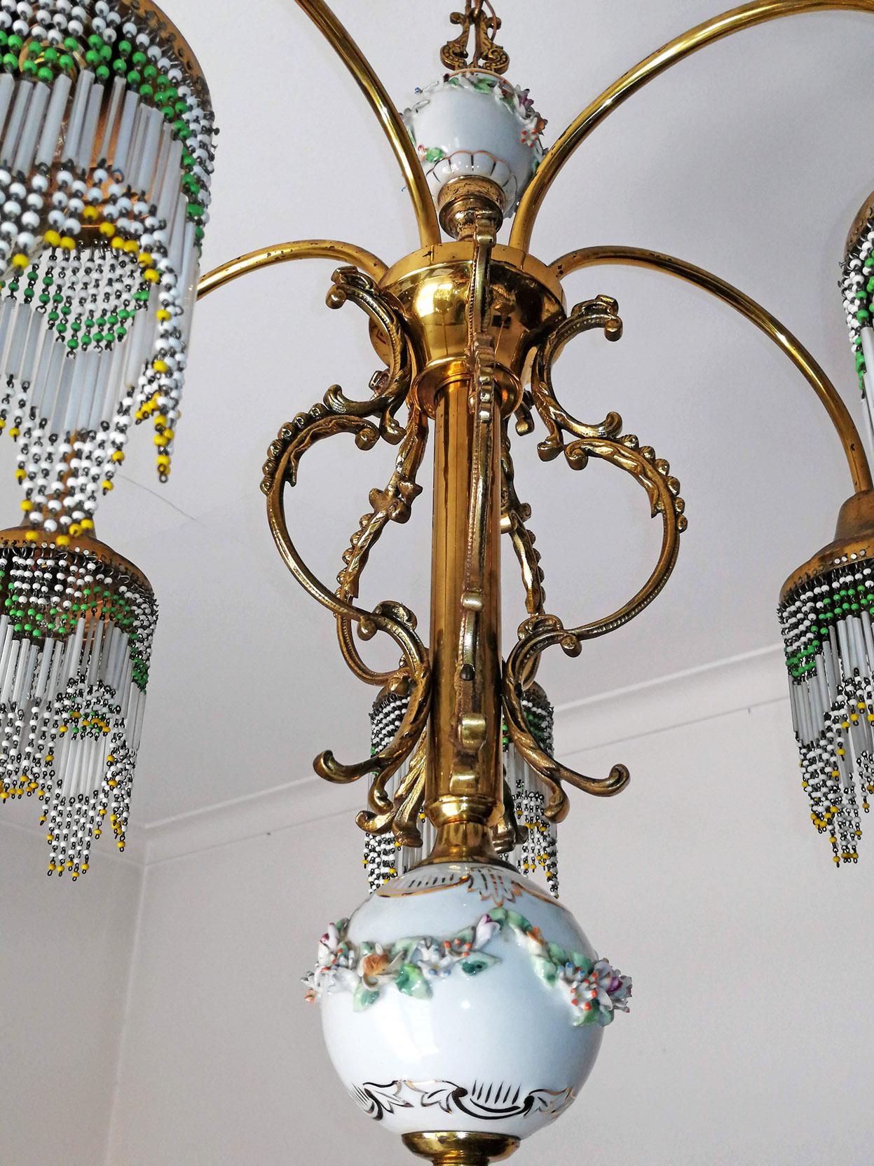French Art Nouveau Art Deco Gilt Brass Bronze Porcelain Beaded Fringe Chandelier 4