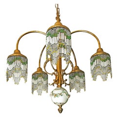 Antique French Art Nouveau Art Deco Gilt Brass Bronze Porcelain Beaded Fringe Chandelier