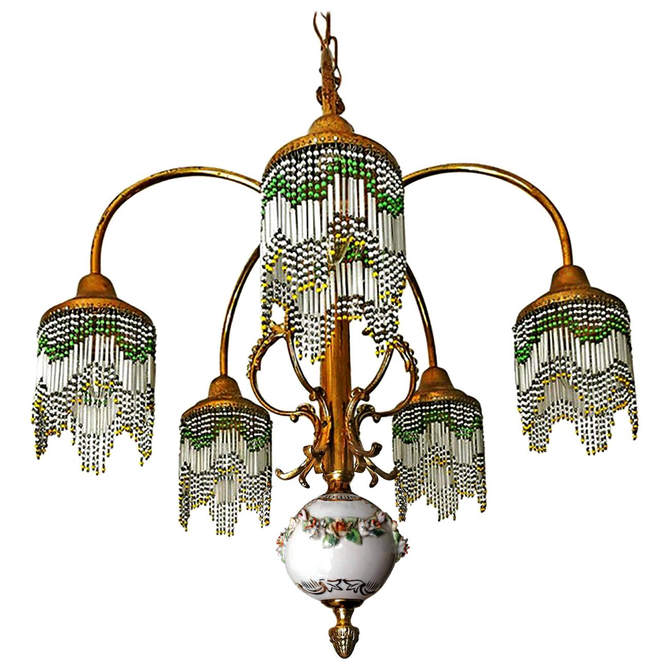 French Art Nouveau Art Deco Gilt Brass Bronze Porcelain Beaded Fringe Chandelier