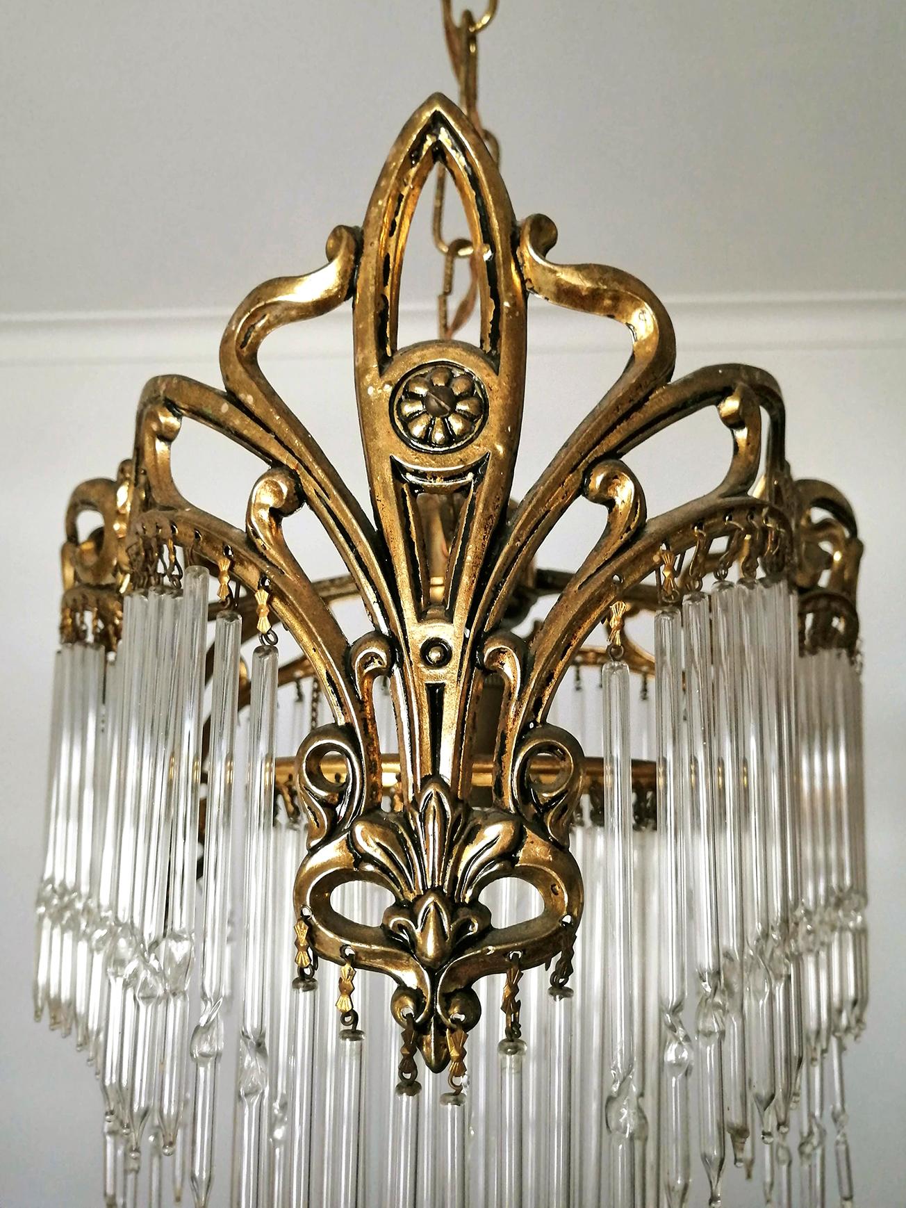 20th Century French Art Nouveau & Art Deco Gilt Bronze Crystal Fringe Chandelier Lantern 1920