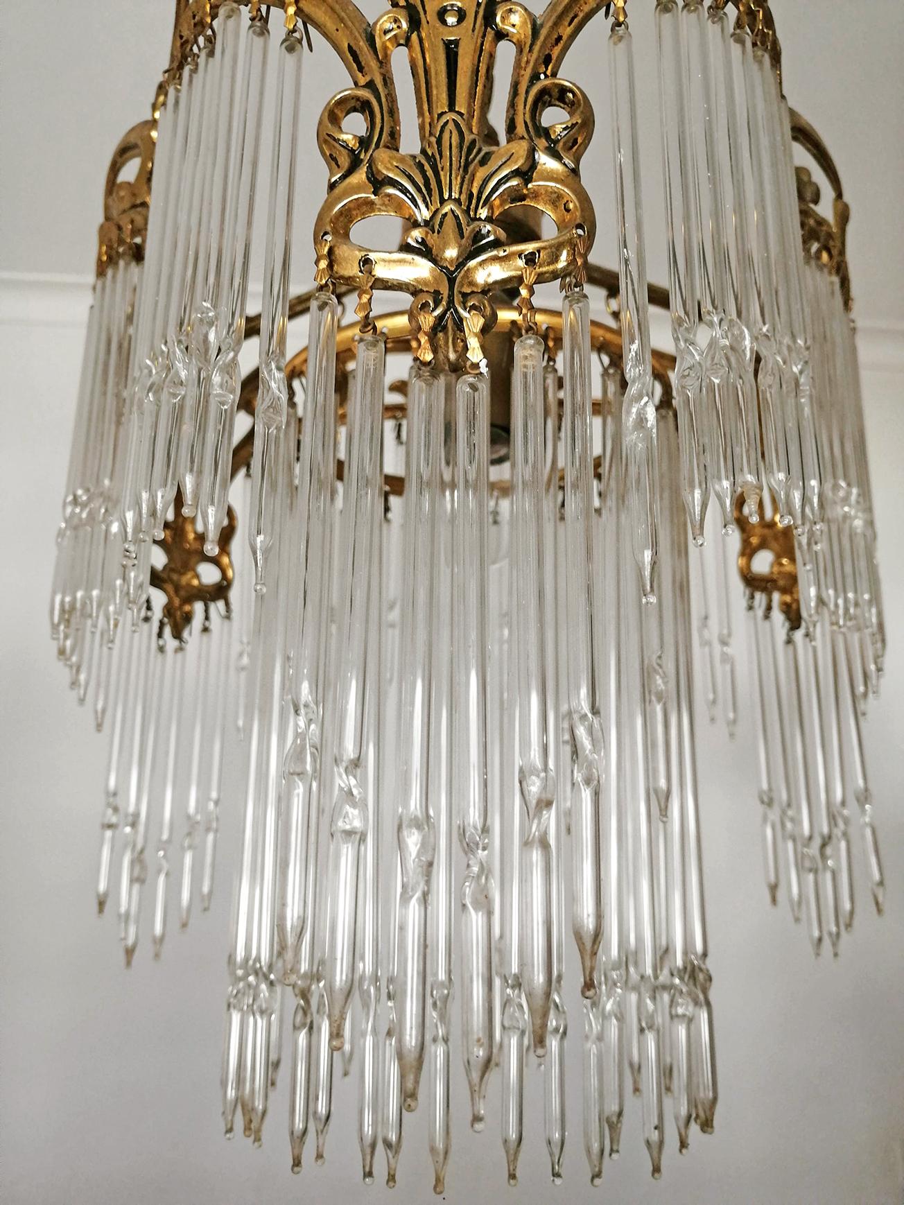 French Art Nouveau & Art Deco Gilt Bronze Crystal Fringe Chandelier Lantern 1920 1