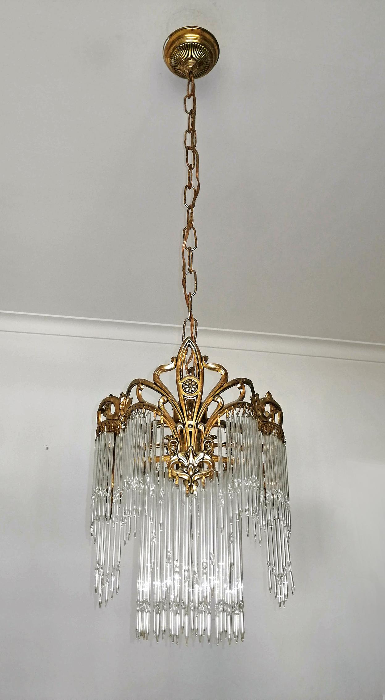 French Art Nouveau & Art Deco Gilt Bronze Crystal Fringe Chandelier Lantern 1920 2